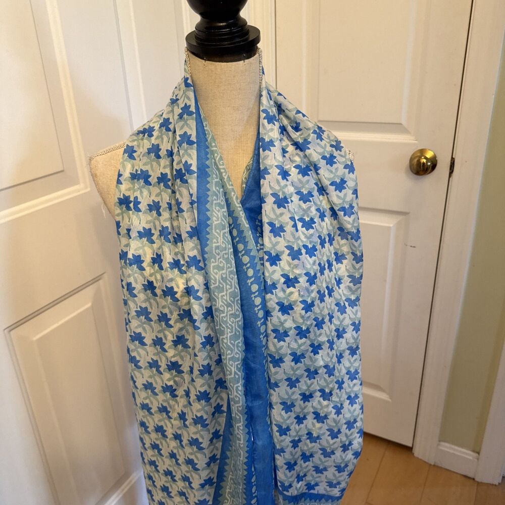 BLUE SILK SCARF Rockflowerpaper 100% Silk Long Scarf With Floral Pattern - Picture 2 of 9